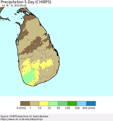 Sri Lanka Precipitation 5-Day (CHIRPS) Thematic Map For 7/26/2023 - 7/31/2023