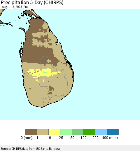 Sri Lanka Precipitation 5-Day (CHIRPS) Thematic Map For 8/1/2023 - 8/5/2023