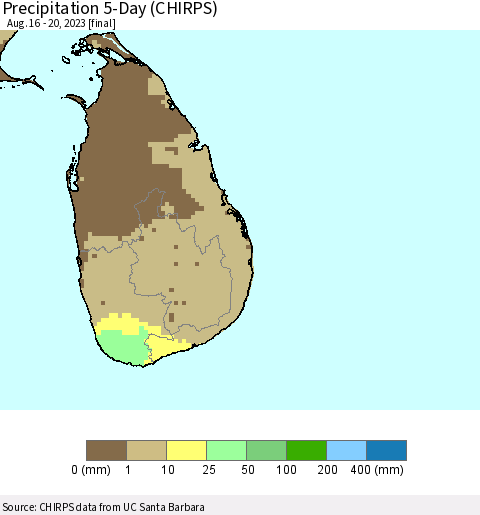 Sri Lanka Precipitation 5-Day (CHIRPS) Thematic Map For 8/16/2023 - 8/20/2023