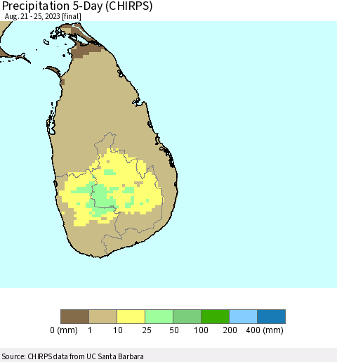 Sri Lanka Precipitation 5-Day (CHIRPS) Thematic Map For 8/21/2023 - 8/25/2023