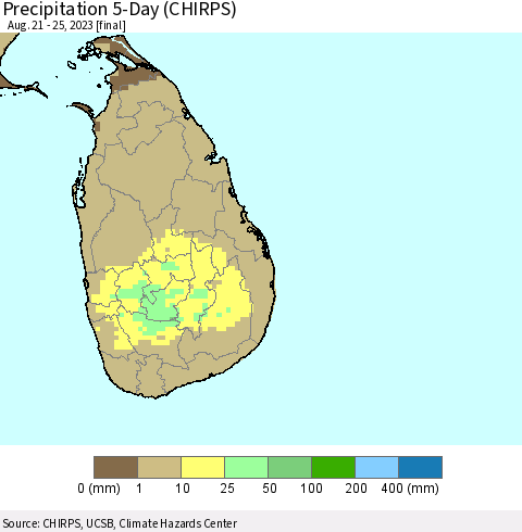 Sri Lanka Precipitation 5-Day (CHIRPS) Thematic Map For 8/21/2023 - 8/25/2023