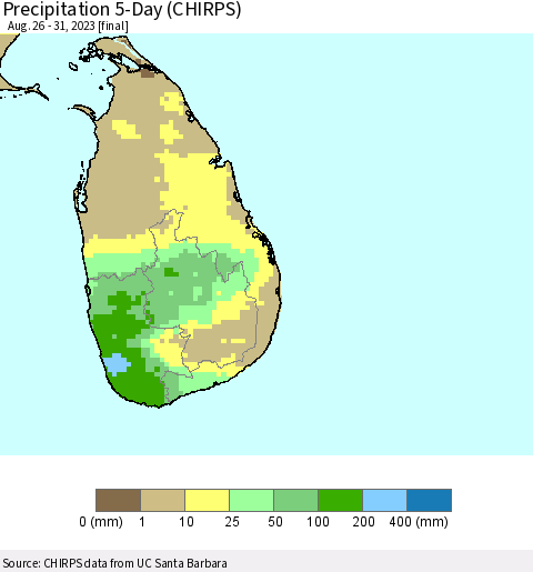 Sri Lanka Precipitation 5-Day (CHIRPS) Thematic Map For 8/26/2023 - 8/31/2023