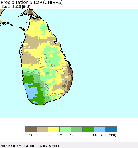 Sri Lanka Precipitation 5-Day (CHIRPS) Thematic Map For 9/1/2023 - 9/5/2023