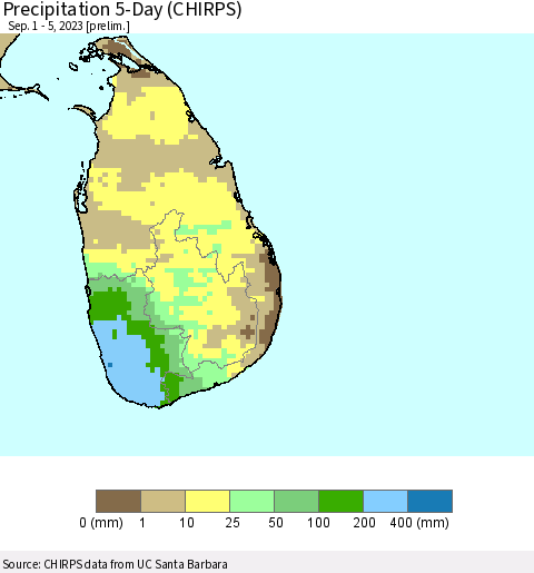 Sri Lanka Precipitation 5-Day (CHIRPS) Thematic Map For 9/1/2023 - 9/5/2023