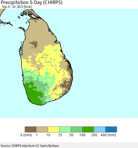 Sri Lanka Precipitation 5-Day (CHIRPS) Thematic Map For 9/6/2023 - 9/10/2023