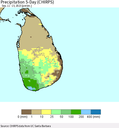 Sri Lanka Precipitation 5-Day (CHIRPS) Thematic Map For 9/11/2023 - 9/15/2023