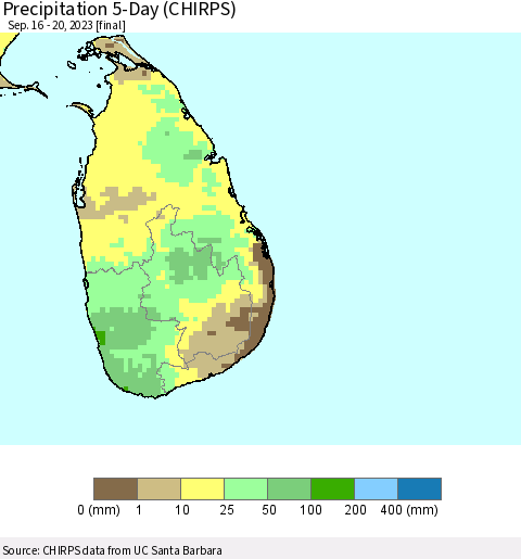 Sri Lanka Precipitation 5-Day (CHIRPS) Thematic Map For 9/16/2023 - 9/20/2023