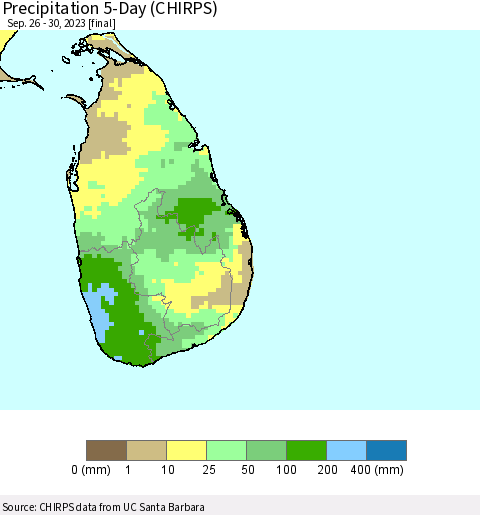 Sri Lanka Precipitation 5-Day (CHIRPS) Thematic Map For 9/26/2023 - 9/30/2023