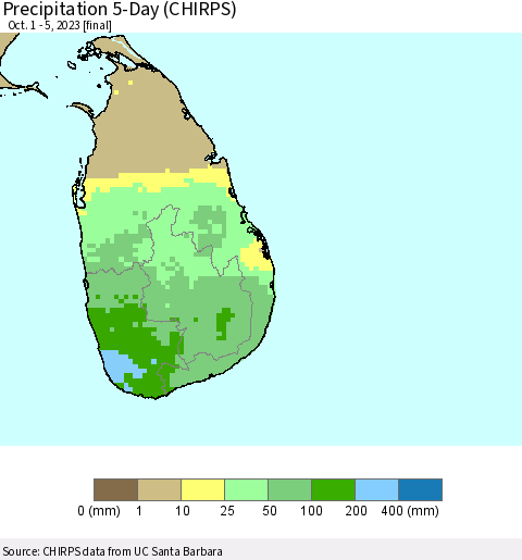 Sri Lanka Precipitation 5-Day (CHIRPS) Thematic Map For 10/1/2023 - 10/5/2023