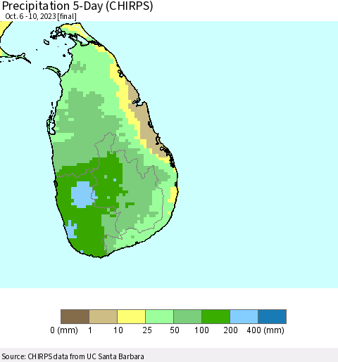 Sri Lanka Precipitation 5-Day (CHIRPS) Thematic Map For 10/6/2023 - 10/10/2023