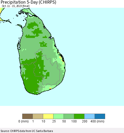 Sri Lanka Precipitation 5-Day (CHIRPS) Thematic Map For 10/11/2023 - 10/15/2023