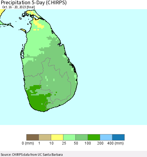 Sri Lanka Precipitation 5-Day (CHIRPS) Thematic Map For 10/16/2023 - 10/20/2023