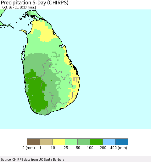 Sri Lanka Precipitation 5-Day (CHIRPS) Thematic Map For 10/26/2023 - 10/31/2023