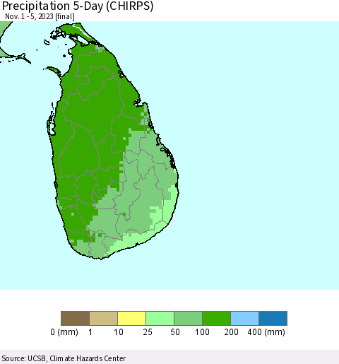 Sri Lanka Precipitation 5-Day (CHIRPS) Thematic Map For 11/1/2023 - 11/5/2023