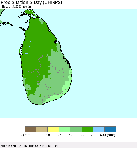 Sri Lanka Precipitation 5-Day (CHIRPS) Thematic Map For 11/1/2023 - 11/5/2023