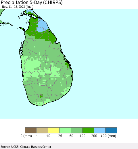 Sri Lanka Precipitation 5-Day (CHIRPS) Thematic Map For 11/11/2023 - 11/15/2023