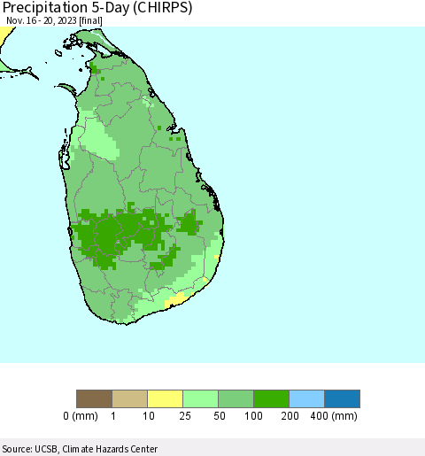 Sri Lanka Precipitation 5-Day (CHIRPS) Thematic Map For 11/16/2023 - 11/20/2023