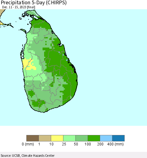 Sri Lanka Precipitation 5-Day (CHIRPS) Thematic Map For 12/11/2023 - 12/15/2023