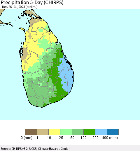 Sri Lanka Precipitation 5-Day (CHIRPS) Thematic Map For 12/26/2023 - 12/31/2023