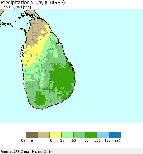 Sri Lanka Precipitation 5-Day (CHIRPS) Thematic Map For 1/1/2024 - 1/5/2024