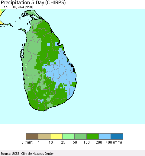 Sri Lanka Precipitation 5-Day (CHIRPS) Thematic Map For 1/6/2024 - 1/10/2024