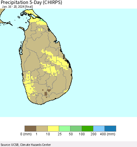 Sri Lanka Precipitation 5-Day (CHIRPS) Thematic Map For 1/16/2024 - 1/20/2024