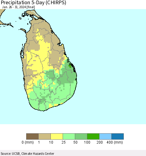 Sri Lanka Precipitation 5-Day (CHIRPS) Thematic Map For 1/26/2024 - 1/31/2024