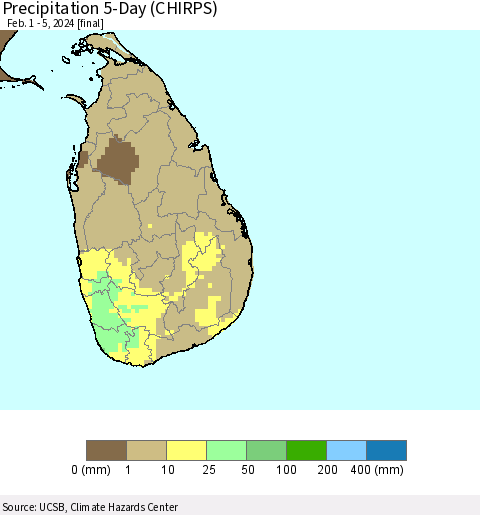 Sri Lanka Precipitation 5-Day (CHIRPS) Thematic Map For 2/1/2024 - 2/5/2024