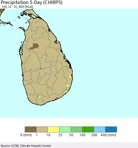 Sri Lanka Precipitation 5-Day (CHIRPS) Thematic Map For 2/11/2024 - 2/15/2024