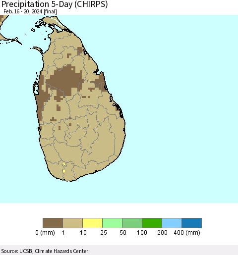 Sri Lanka Precipitation 5-Day (CHIRPS) Thematic Map For 2/16/2024 - 2/20/2024
