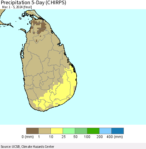 Sri Lanka Precipitation 5-Day (CHIRPS) Thematic Map For 3/1/2024 - 3/5/2024