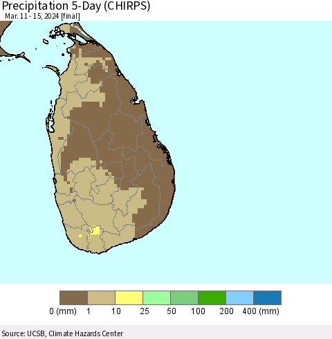 Sri Lanka Precipitation 5-Day (CHIRPS) Thematic Map For 3/11/2024 - 3/15/2024
