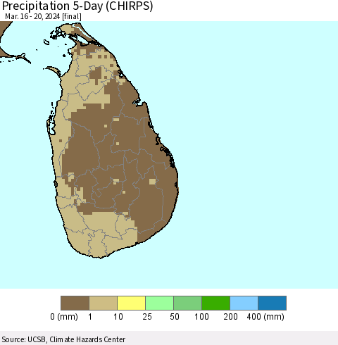 Sri Lanka Precipitation 5-Day (CHIRPS) Thematic Map For 3/16/2024 - 3/20/2024
