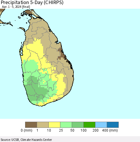 Sri Lanka Precipitation 5-Day (CHIRPS) Thematic Map For 4/1/2024 - 4/5/2024