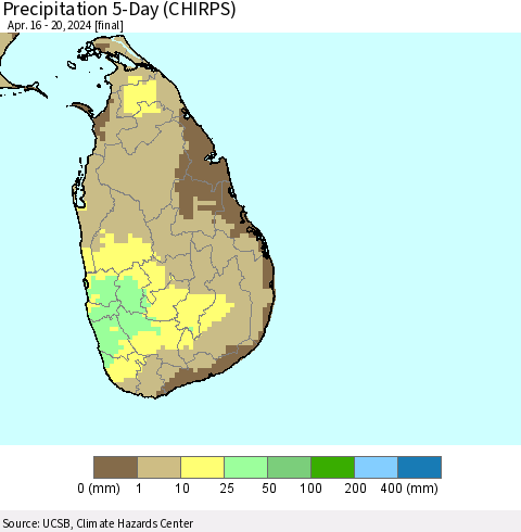 Sri Lanka Precipitation 5-Day (CHIRPS) Thematic Map For 4/16/2024 - 4/20/2024