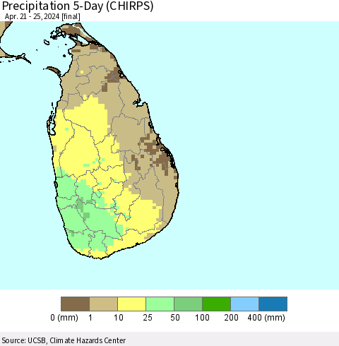 Sri Lanka Precipitation 5-Day (CHIRPS) Thematic Map For 4/21/2024 - 4/25/2024