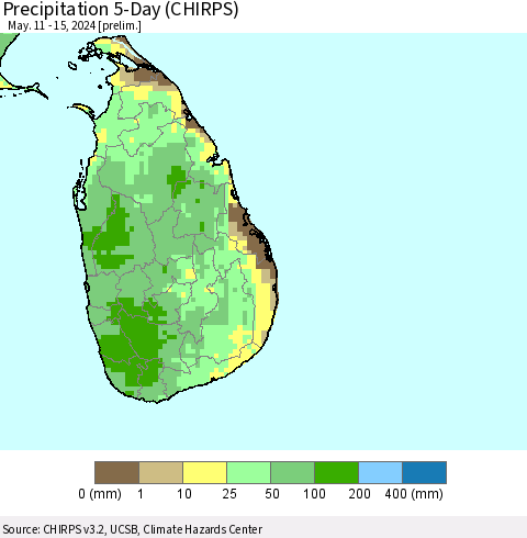 Sri Lanka Precipitation 5-Day (CHIRPS) Thematic Map For 5/11/2024 - 5/15/2024