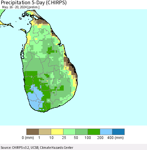 Sri Lanka Precipitation 5-Day (CHIRPS) Thematic Map For 5/16/2024 - 5/20/2024