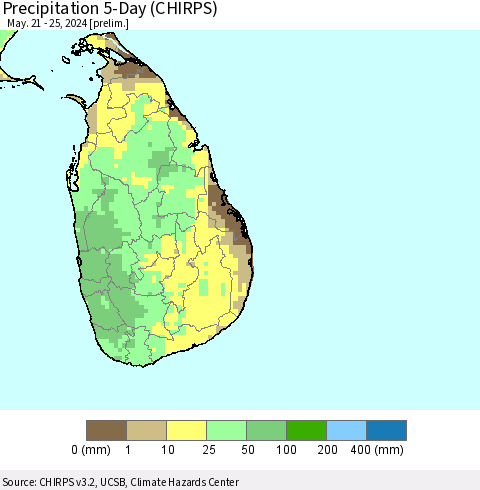Sri Lanka Precipitation 5-Day (CHIRPS) Thematic Map For 5/21/2024 - 5/25/2024