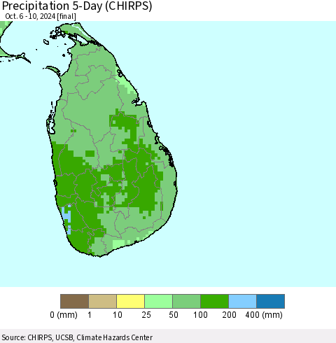 Sri Lanka Precipitation 5-Day (CHIRPS) Thematic Map For 10/6/2024 - 10/10/2024