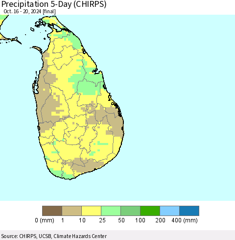 Sri Lanka Precipitation 5-Day (CHIRPS) Thematic Map For 10/16/2024 - 10/20/2024