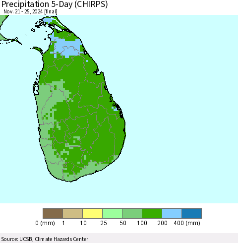 Sri Lanka Precipitation 5-Day (CHIRPS) Thematic Map For 11/21/2024 - 11/25/2024