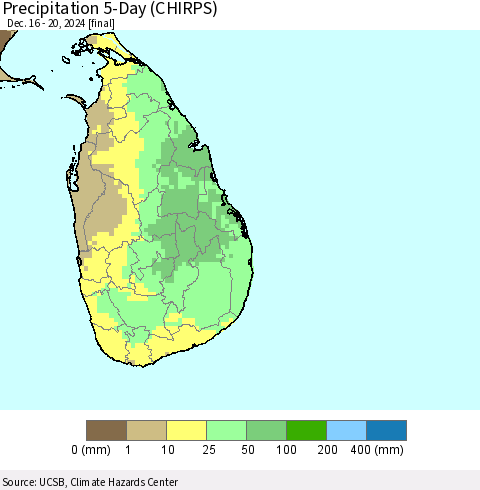 Sri Lanka Precipitation 5-Day (CHIRPS) Thematic Map For 12/16/2024 - 12/20/2024