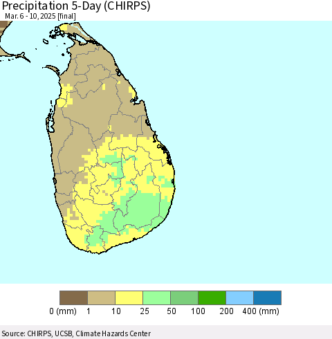 Sri Lanka Precipitation 5-Day (CHIRPS) Thematic Map For 3/6/2025 - 3/10/2025