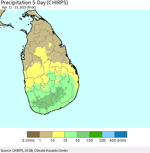 Sri Lanka Precipitation 5-Day (CHIRPS) Thematic Map For 4/11/2025 - 4/15/2025