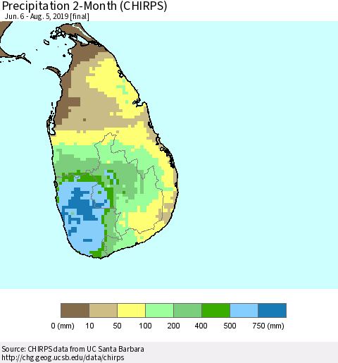 Sri Lanka Precipitation 2-Month (CHIRPS) Thematic Map For 6/6/2019 - 8/5/2019
