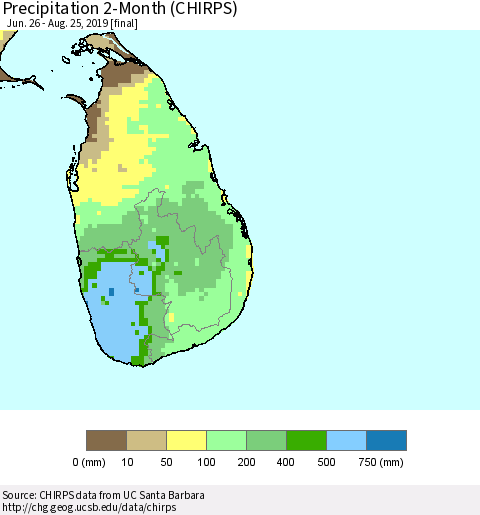 Sri Lanka Precipitation 2-Month (CHIRPS) Thematic Map For 6/26/2019 - 8/25/2019