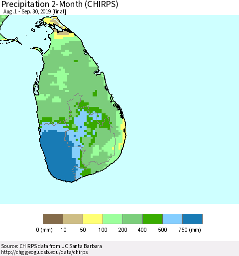 Sri Lanka Precipitation 2-Month (CHIRPS) Thematic Map For 8/1/2019 - 9/30/2019