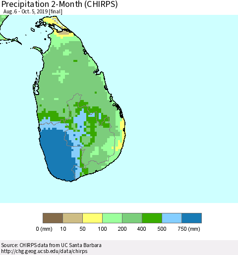 Sri Lanka Precipitation 2-Month (CHIRPS) Thematic Map For 8/6/2019 - 10/5/2019