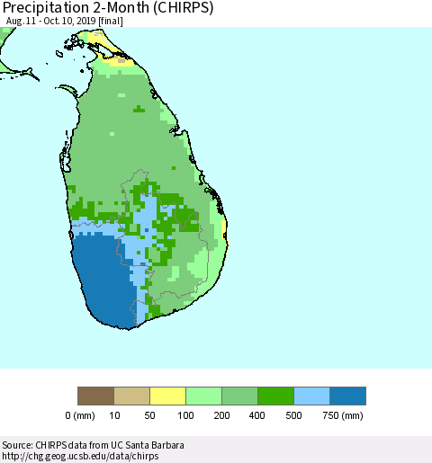 Sri Lanka Precipitation 2-Month (CHIRPS) Thematic Map For 8/11/2019 - 10/10/2019